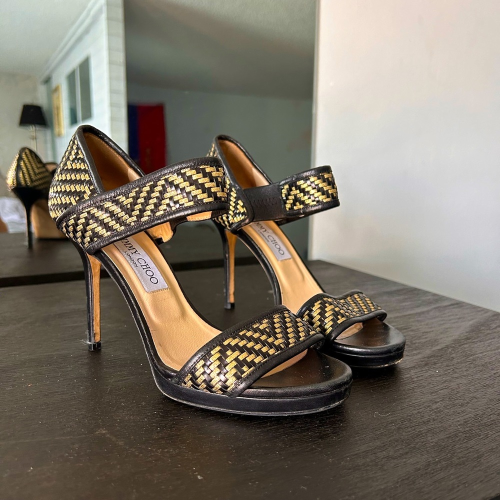 Jimmy Choo, black leather with gold, size 38